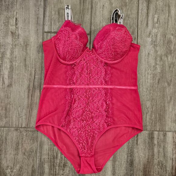 Juicy Couture Bodysuit Womens Size XL Pink Sexy Push Up Lace Mesh Lingerie Y2K - Picture 1 of 13